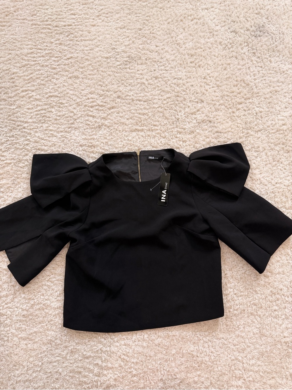 Ina Black Puff-Sleeve Bow-Detail Top